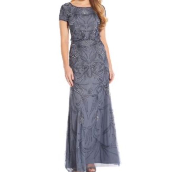 Adrianna Papell Sequins Beaded Dusty Blue Gown Dress - Picture 1 of 13